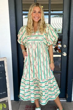 Sale Dear-Lover Striped Floral Print Tie Split Neck Puff Sleeve Midi Dress Multicolour
