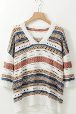 Outlet Dear-Lover Striped Hollow Out Half Sleeve Knitted Sweater Multicolour