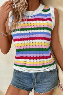 Clearance Dear-Lover Striped Knitted Eyelet Slim Sweater Vest Multicolour