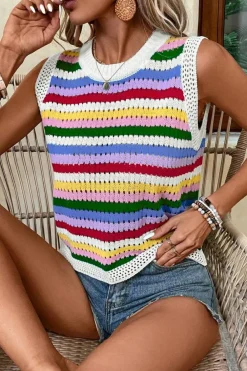 Clearance Dear-Lover Striped Knitted Eyelet Slim Sweater Vest Multicolour
