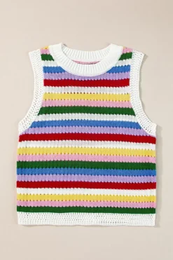 Clearance Dear-Lover Striped Knitted Eyelet Slim Sweater Vest Multicolour