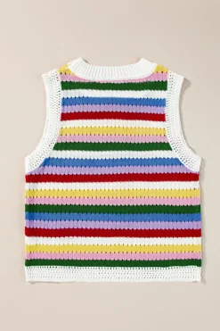 Clearance Dear-Lover Striped Knitted Eyelet Slim Sweater Vest Multicolour