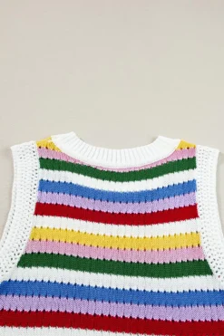 Clearance Dear-Lover Striped Knitted Eyelet Slim Sweater Vest Multicolour