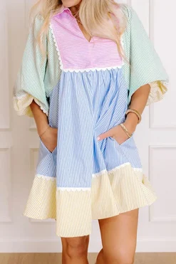 Fashion Dear-Lover Striped Patchwork Ric Rac Puff Sleeve Collared Mini Dress Multicolour