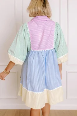 Fashion Dear-Lover Striped Patchwork Ric Rac Puff Sleeve Collared Mini Dress Multicolour