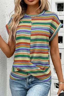 Hot Dear-Lover Striped Pattern Twist Hem Short Sleeve Top Multicolour