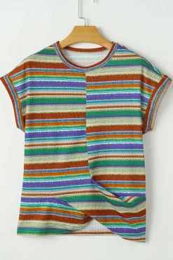 Hot Dear-Lover Striped Pattern Twist Hem Short Sleeve Top Multicolour