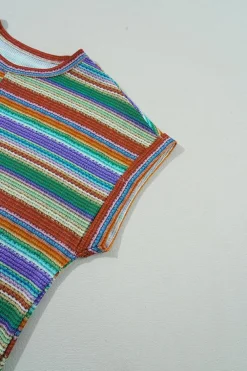 Hot Dear-Lover Striped Pattern Twist Hem Short Sleeve Top Multicolour