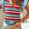 Fashion Dear-Lover Striped Ruffled Sleeve V Neck Sweater Multicolour