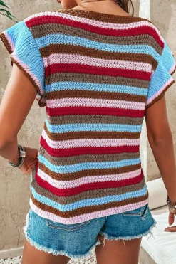 Fashion Dear-Lover Striped Ruffled Sleeve V Neck Sweater Multicolour