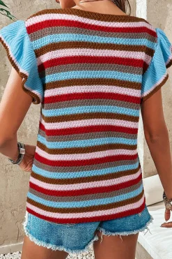Fashion Dear-Lover Striped Ruffled Sleeve V Neck Sweater Multicolour