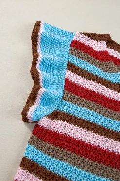 Fashion Dear-Lover Striped Ruffled Sleeve V Neck Sweater Multicolour
