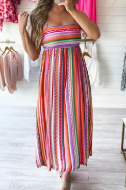 Online Dear-Lover Striped Thin Straps Smocked Back Boho Maxi Dress Multicolour