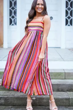 Online Dear-Lover Striped Thin Straps Smocked Back Boho Maxi Dress Multicolour