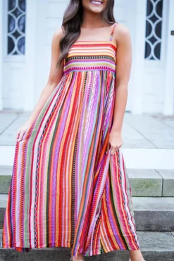 Online Dear-Lover Striped Thin Straps Smocked Back Boho Maxi Dress Multicolour