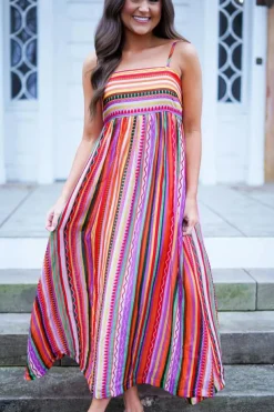 Online Dear-Lover Striped Thin Straps Smocked Back Boho Maxi Dress Multicolour
