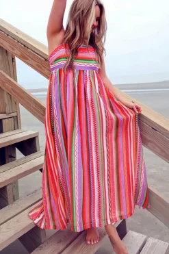 Online Dear-Lover Striped Thin Straps Smocked Back Boho Maxi Dress Multicolour