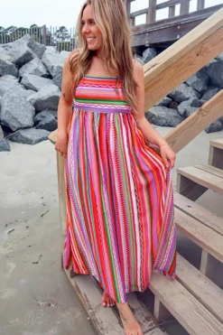 Online Dear-Lover Striped Thin Straps Smocked Back Boho Maxi Dress Multicolour