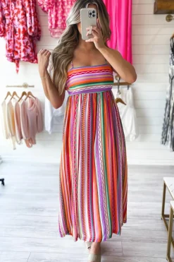 Online Dear-Lover Striped Thin Straps Smocked Back Boho Maxi Dress Multicolour