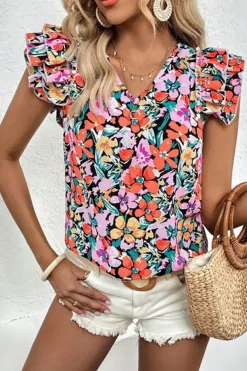 Fashion Dear-Lover Tiered Ruffled Sleeve Floral Blouse Multicolour