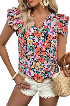 Fashion Dear-Lover Tiered Ruffled Sleeve Floral Blouse Multicolour