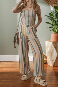 Hot Dear-Lover Vertical Striped Smocked Cami Top Wide Leg Pants Set Multicolour