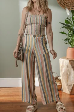 Hot Dear-Lover Vertical Striped Smocked Cami Top Wide Leg Pants Set Multicolour