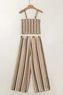 Hot Dear-Lover Vertical Striped Smocked Cami Top Wide Leg Pants Set Multicolour