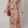 Online Dear-Lover Vintage Floral V Neck Short Sleeve Tie Back Long Slit Dress Multicolour