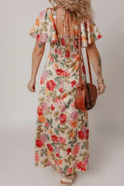 Online Dear-Lover Vintage Floral V Neck Short Sleeve Tie Back Long Slit Dress Multicolour