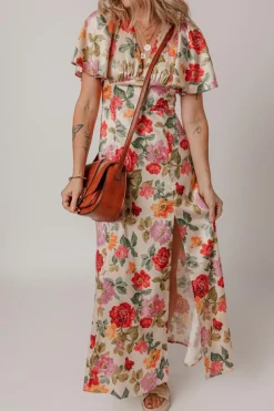 Online Dear-Lover Vintage Floral V Neck Short Sleeve Tie Back Long Slit Dress Multicolour