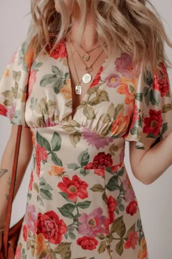 Online Dear-Lover Vintage Floral V Neck Short Sleeve Tie Back Long Slit Dress Multicolour