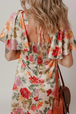 Online Dear-Lover Vintage Floral V Neck Short Sleeve Tie Back Long Slit Dress Multicolour