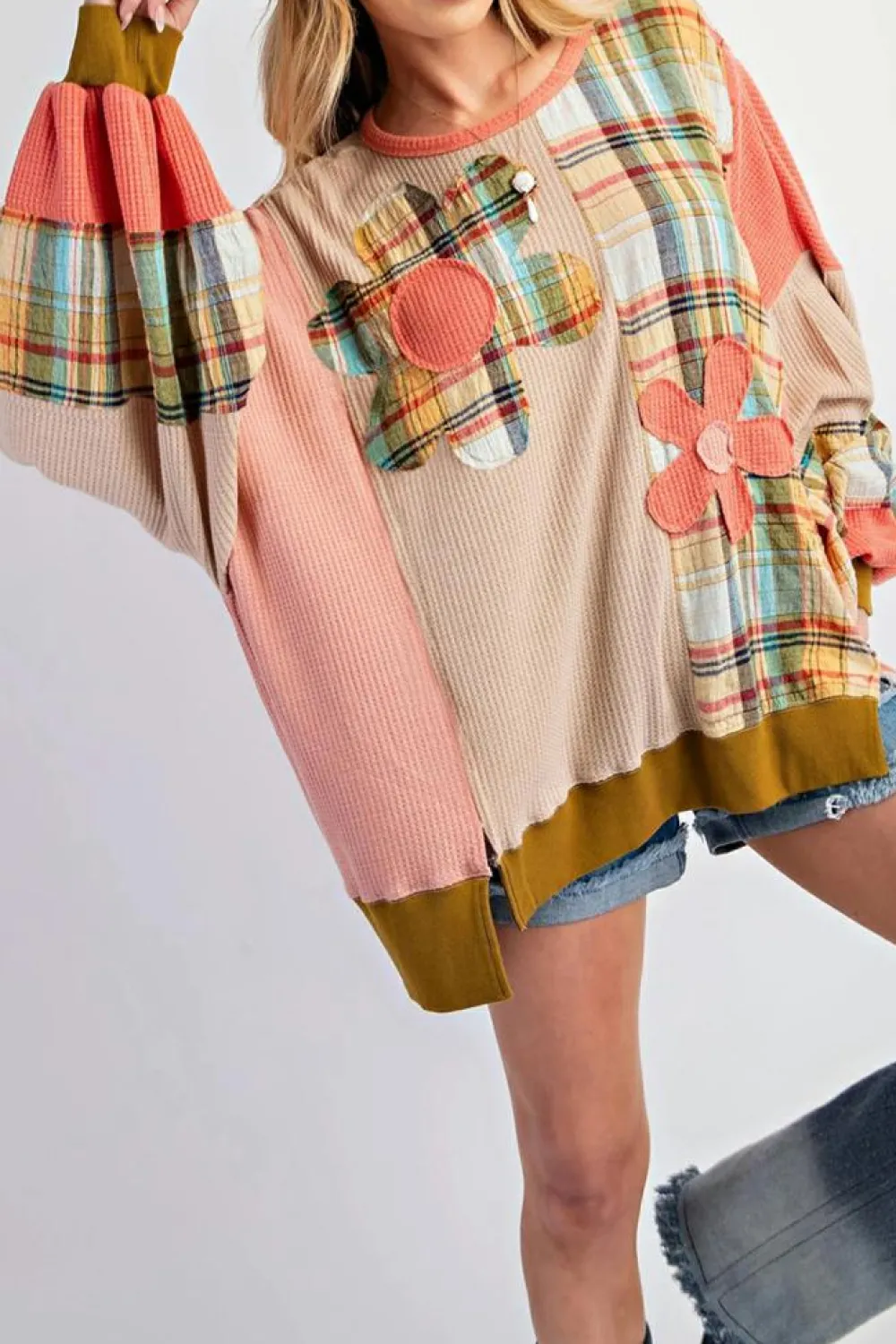 Hot Dear-Lover Waffle Knit Plaid Patchwork Side Slits Loose Sweatshirt Multicolour