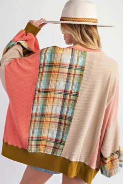 Hot Dear-Lover Waffle Knit Plaid Patchwork Side Slits Loose Sweatshirt Multicolour