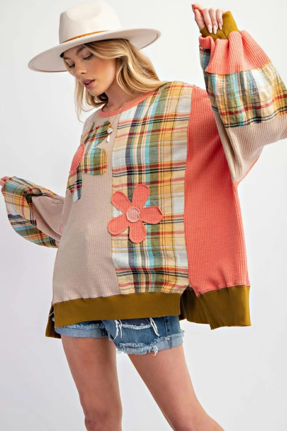 Hot Dear-Lover Waffle Knit Plaid Patchwork Side Slits Loose Sweatshirt Multicolour