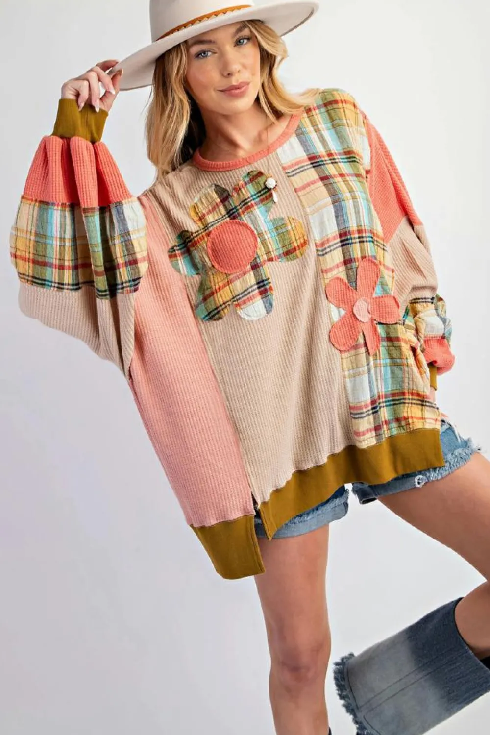 Hot Dear-Lover Waffle Knit Plaid Patchwork Side Slits Loose Sweatshirt Multicolour