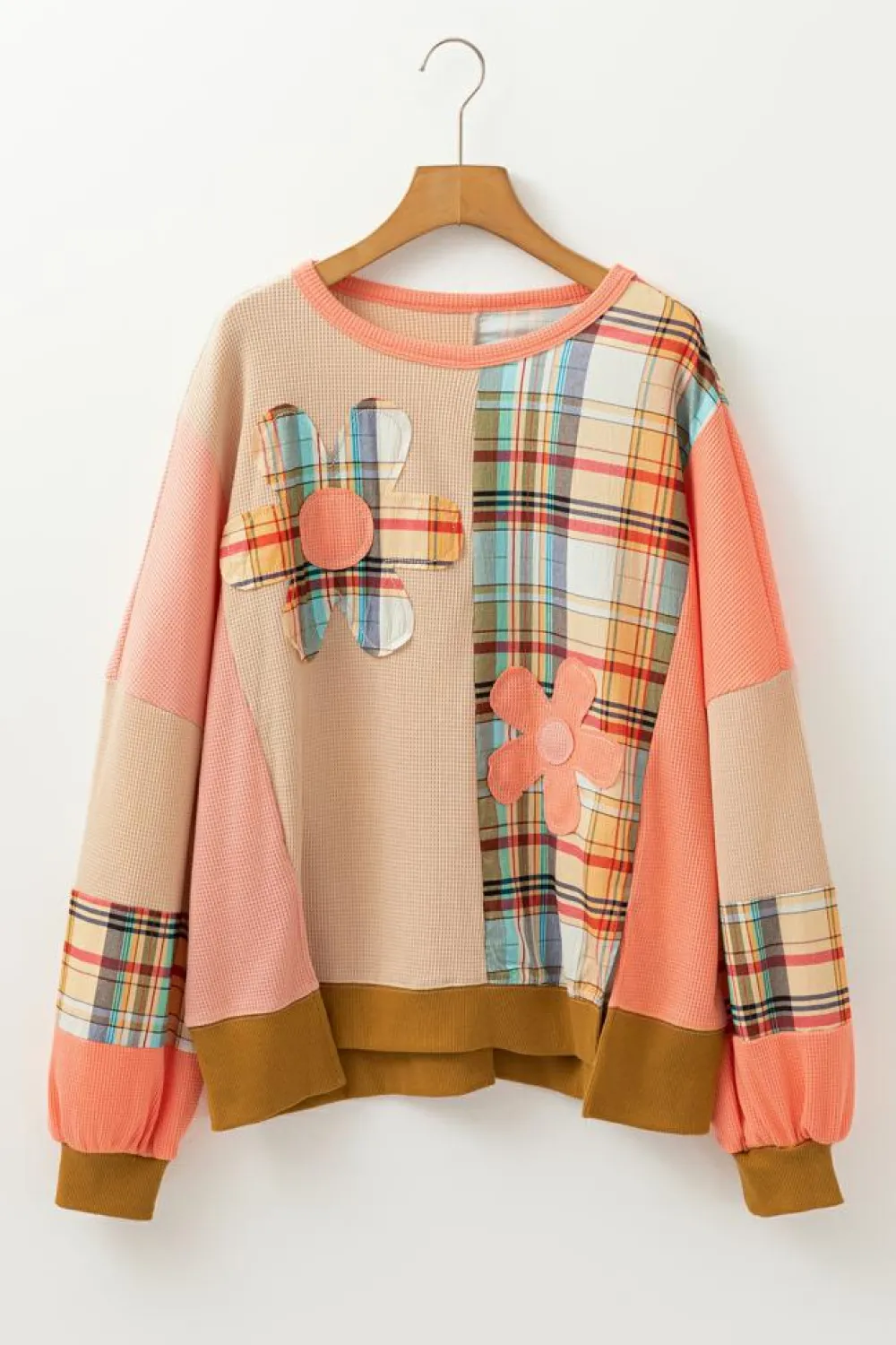 Hot Dear-Lover Waffle Knit Plaid Patchwork Side Slits Loose Sweatshirt Multicolour