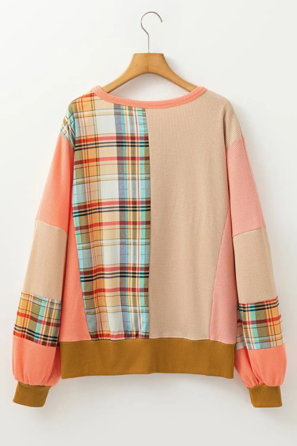 Hot Dear-Lover Waffle Knit Plaid Patchwork Side Slits Loose Sweatshirt Multicolour
