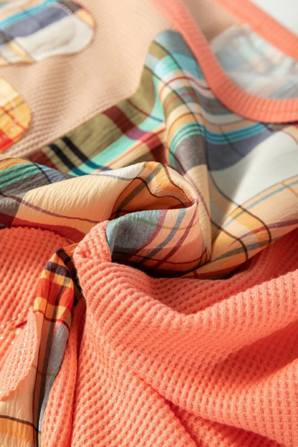 Hot Dear-Lover Waffle Knit Plaid Patchwork Side Slits Loose Sweatshirt Multicolour
