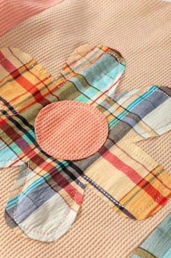 Hot Dear-Lover Waffle Knit Plaid Patchwork Side Slits Loose Sweatshirt Multicolour