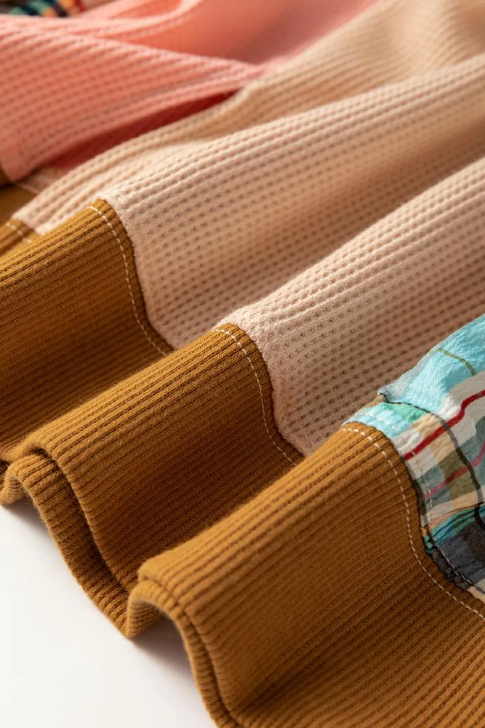Hot Dear-Lover Waffle Knit Plaid Patchwork Side Slits Loose Sweatshirt Multicolour