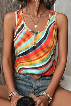 Hot Dear-Lover Wavy Striped Buttoned V Neck Tank Top Multicolour