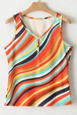 Hot Dear-Lover Wavy Striped Buttoned V Neck Tank Top Multicolour