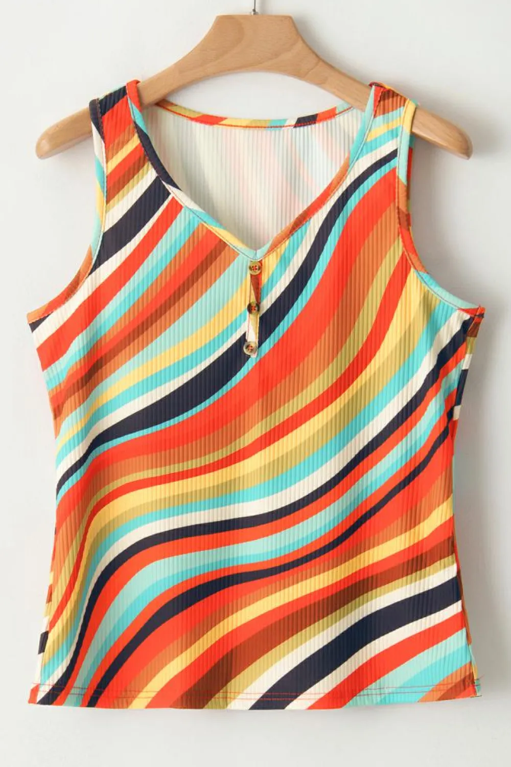 Hot Dear-Lover Wavy Striped Buttoned V Neck Tank Top Multicolour