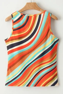 Hot Dear-Lover Wavy Striped Buttoned V Neck Tank Top Multicolour