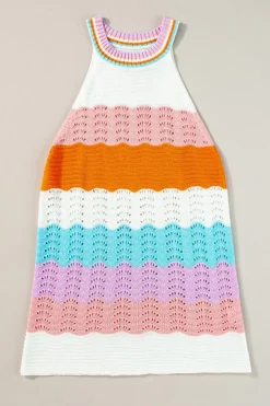 Fashion Dear-Lover Wavy Striped Print Textured Knit Sleeveless Sweater Top Multicolour