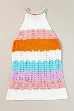 Fashion Dear-Lover Wavy Striped Print Textured Knit Sleeveless Sweater Top Multicolour