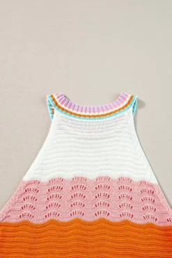 Fashion Dear-Lover Wavy Striped Print Textured Knit Sleeveless Sweater Top Multicolour