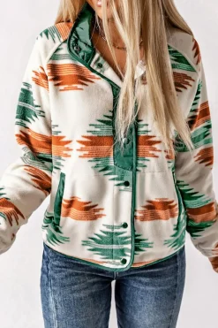 Sale Dear-Lover Western Aztec Snap Buttoned Fleece Jacket Multicolour